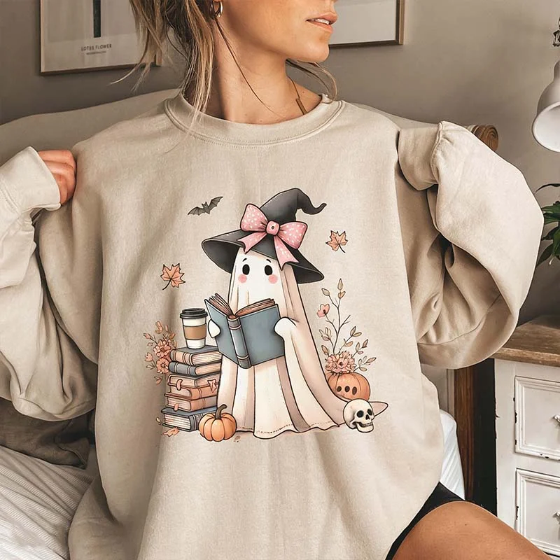 Sweatshirts with curved hem -Bookish Ghost Pumpkin Sweatshirt