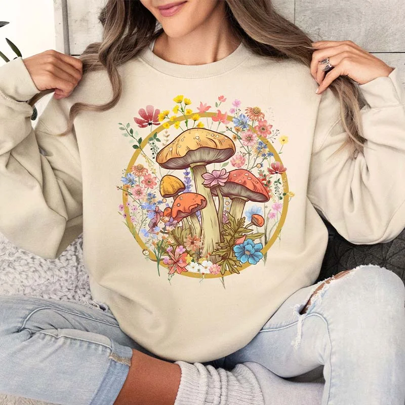 Sweatshirts with leaf pattern -Cottagecore Mushroom Cozy Sweatshirt