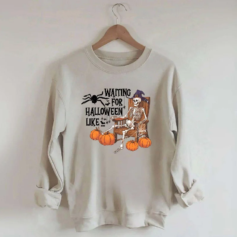 Sweatshirts with ribbed trim -Waiting For Halloween Funny Skeleton Sweatshirt