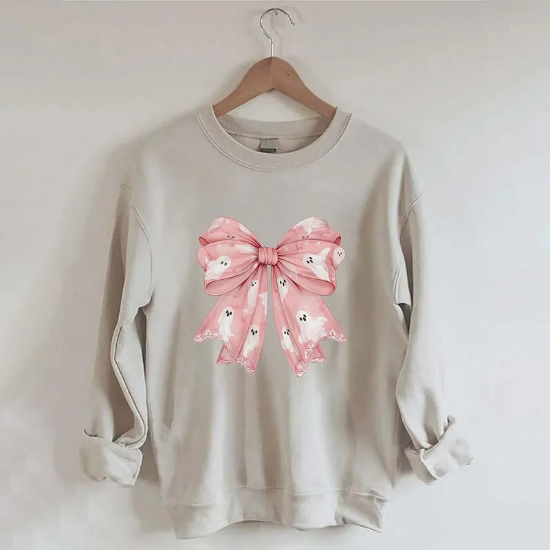 Sweatshirts with ribbed panels -Pink Ghost Bow Coquette Halloween Sweatshirt