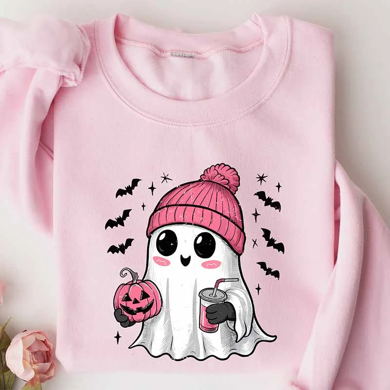 Sweatshirts with cropped design -Pink Ghost Drinking Coffee Sweatshirt