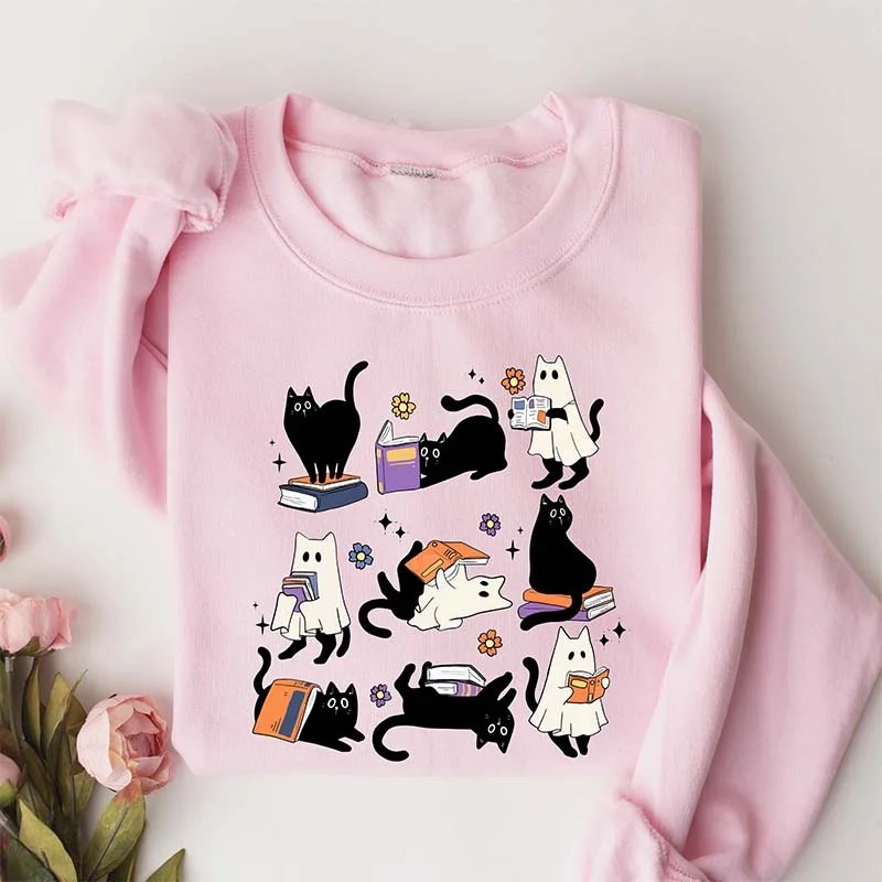 Sweatshirts with cropped design -Ghost Black Cat Reading Books Sweatshirt