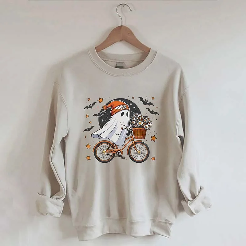 Sweatshirts in green -Cute Ghost On Bike Halloween Sweatshirt