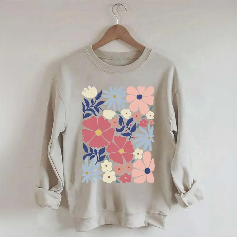 Sweatshirts with contrast hem -Retro Abstract Daisy Flower Sweatshirt