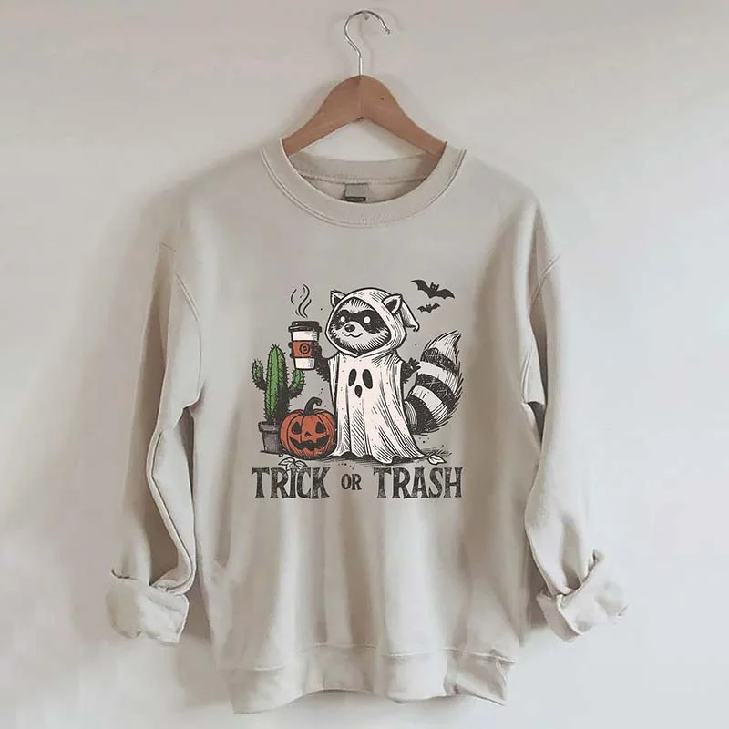 Sweatshirts for teens in black -Trick Or Trash Raccoon Halloween Sweatshirt