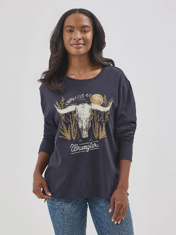 Green all-season T-shirts-LADIES WRANGLER SKULL GRAPHIC LONG SLEEVE SHIRT