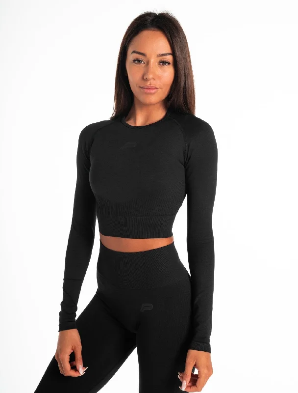 Red spring T-shirts-ADAPT Seamless Long Sleeve Crop Top - Blackout