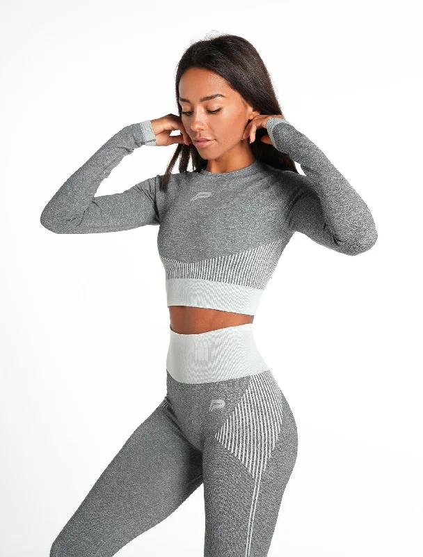 White adventure T-shirts-ADAPT Seamless Long Sleeve Crop Top - Light Grey