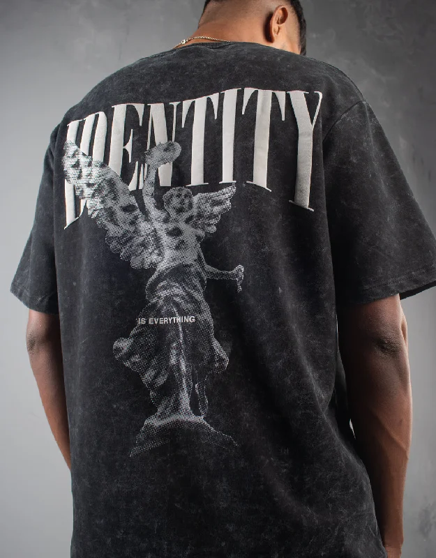 Black floral graphic T-shirts-Angel | Identity is everything | Oversized | Grey