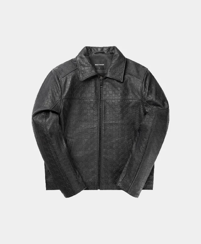 Gray wrinkle-free T-shirts-Black Silence Monogram Leather Jacket