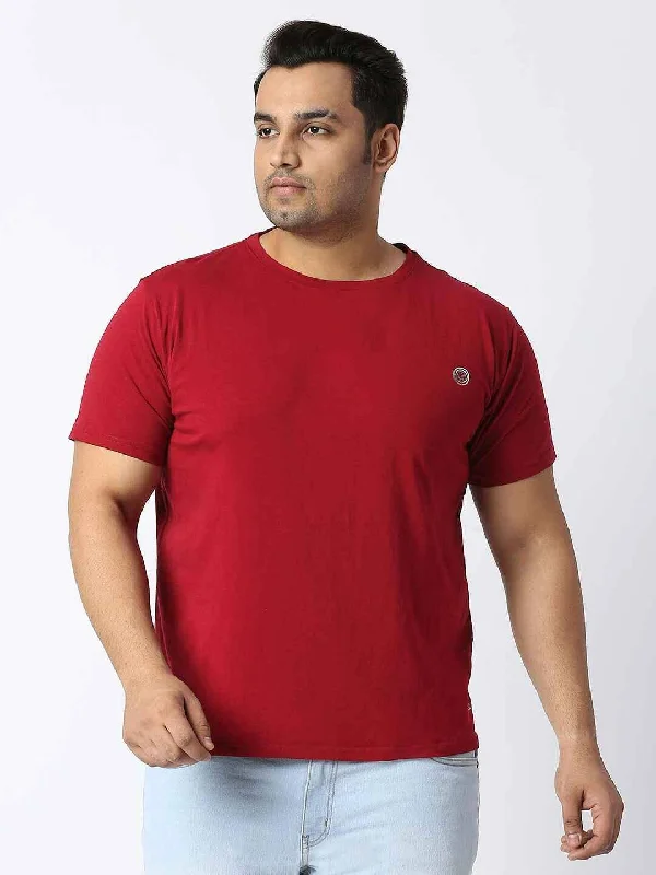 Yellow swimming T-shirts-Carmine Red Round Neck Cotton Lycra Tshirt Plus Size