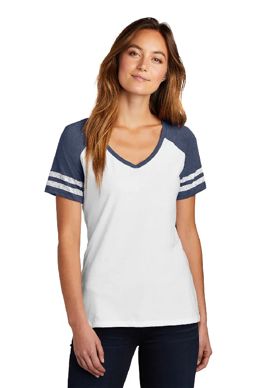 White winter T-shirts-District Womens Game Short Sleeve V-Neck T-Shirt - White/Heather Navy Blue