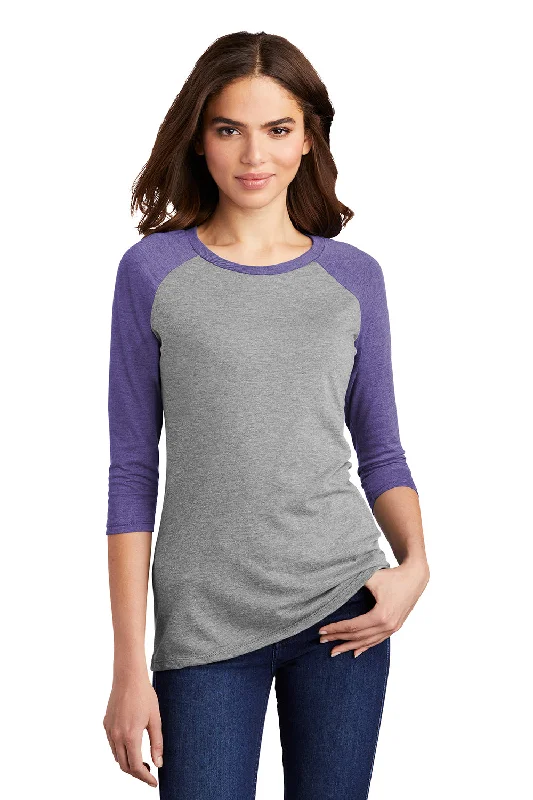 Green logo-pocket T-shirts-District Womens Perfect Tri 3/4 Sleeve Crewneck T-Shirt - Grey Frost/Purple