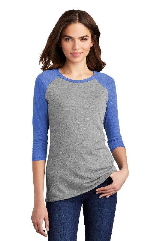 White sleek design T-shirts-District Womens Perfect Tri 3/4 Sleeve Crewneck T-Shirt - Grey Frost/Royal Blue