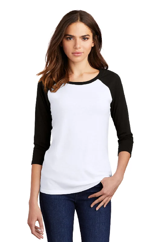 Black travel T-shirts-District Womens Perfect Tri 3/4 Sleeve Crewneck T-Shirt - White/Black