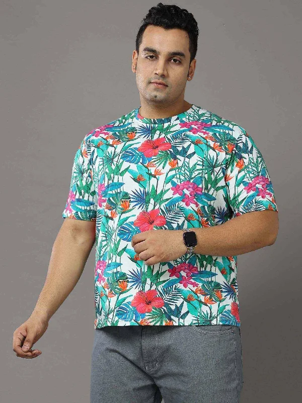 Purple comic T-shirts-Floral Digital Printed Round Neck T-Shirt Men's Plus Size