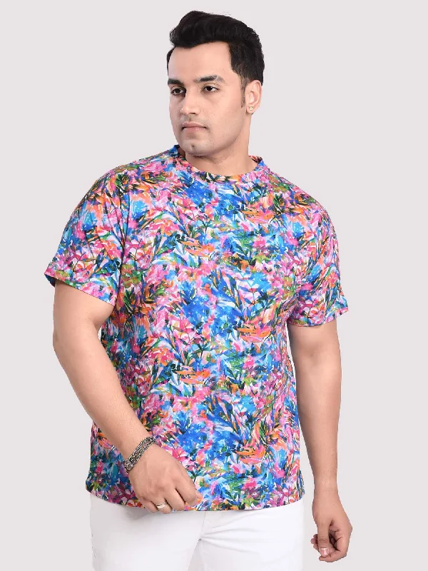 Red plain T-shirts-Flower Digital Printed Round Neck T-Shirt Men's Plus Size