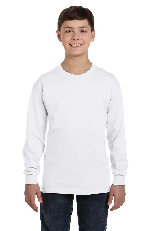 Blue striped T-shirts-Gildan Youth Long Sleeve Crewneck T-Shirt - White