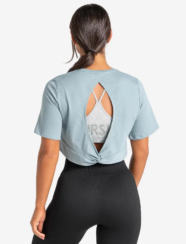 Purple retro rip T-shirts-Knot Back Crop T-Shirt - Moonstone Blue