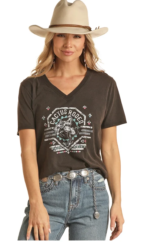 Black graphic T-shirts-LADIES VNECK CACTUS RODEO GRAPHIC TEE