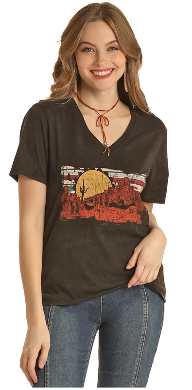 Red wool T-shirts-LADIES VNECK RED & BLACK "DESERT" TEE