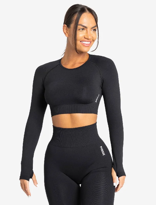 Gray reflective T-shirts-Move Seamless Long Sleeve Crop Top - Black