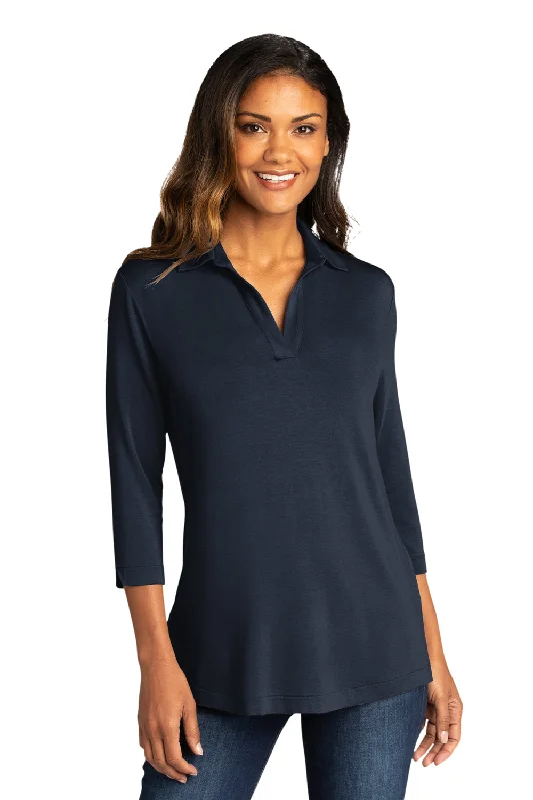 Gray indie vibe T-shirts-Port Authority Womens Luxe Knit 3/4 Sleeve Polo Shirt - River Navy Blue