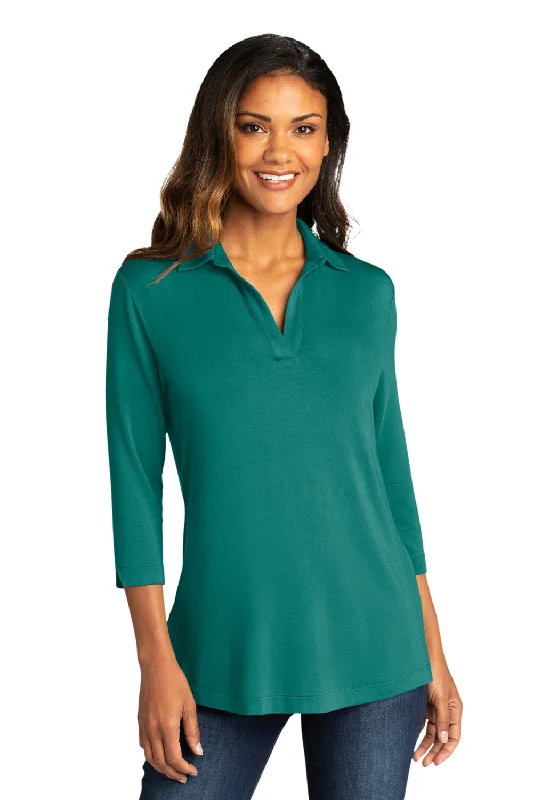 Summer breathable T-shirts-Port Authority Womens Luxe Knit 3/4 Sleeve Polo Shirt - Teal Green