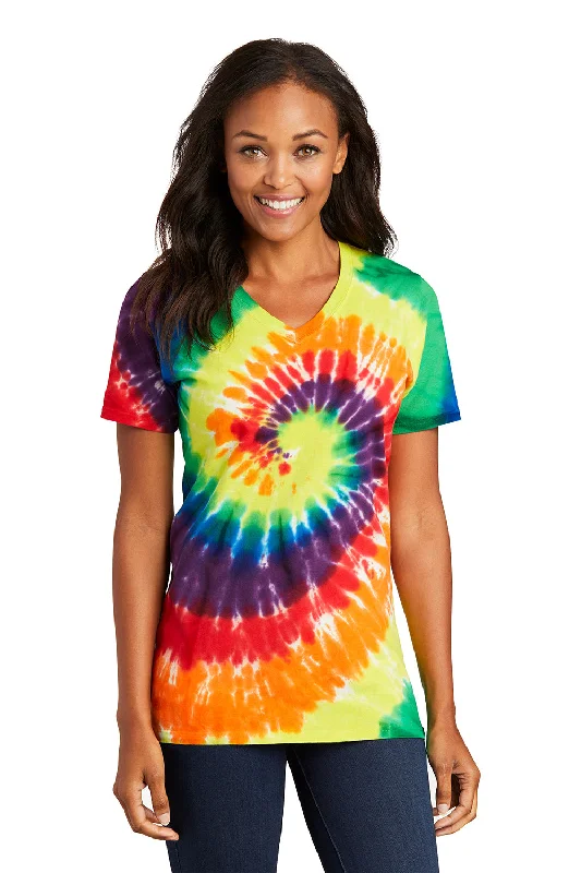 Black team spirit T-shirts-Port & Company Womens Tie-Dye Short Sleeve V-Neck T-Shirt - Rainbow