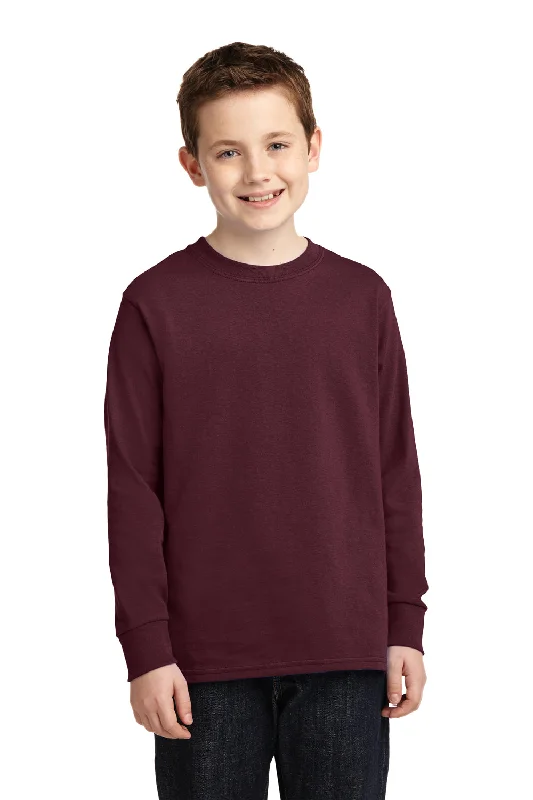 White concert tour T-shirts-Port & Company Youth Core Long Sleeve Crewneck T-Shirt - Athletic Maroon