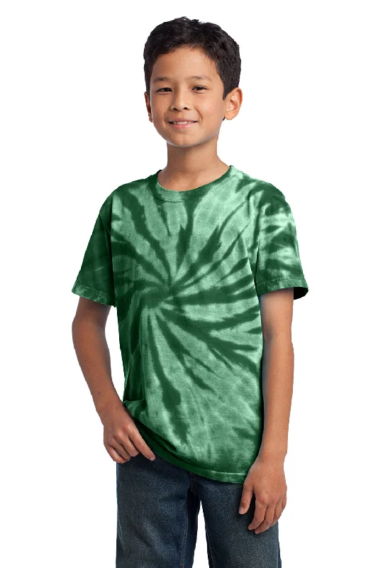 White green fabric T-shirts-Port & Company Youth Tie-Dye Short Sleeve Crewneck T-Shirt - Forest Green