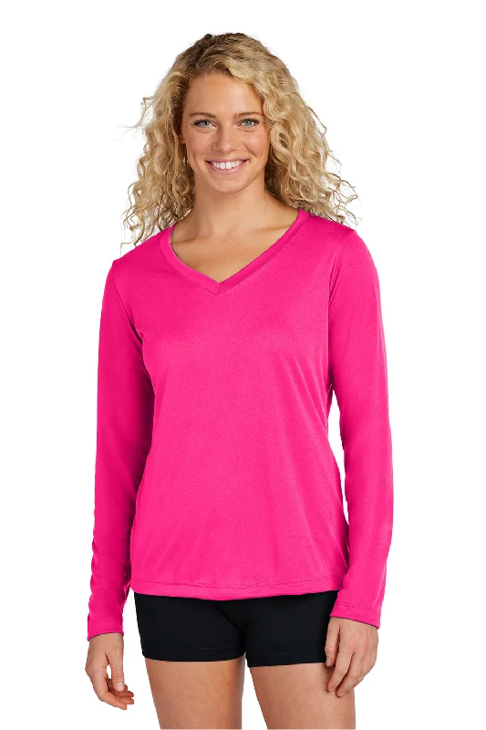 Printed graphic T-shirts-Sport-Tek Womens Competitor Moisture Wicking Long Sleeve V-Neck T-Shirt - Raspberry Pink