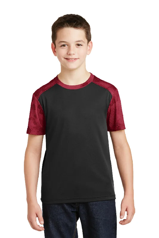 Women’s floral T-shirts-Sport-Tek Youth CamoHex Moisture Wicking Short Sleeve Crewneck T-Shirt - Black/Deep Red - Closeout