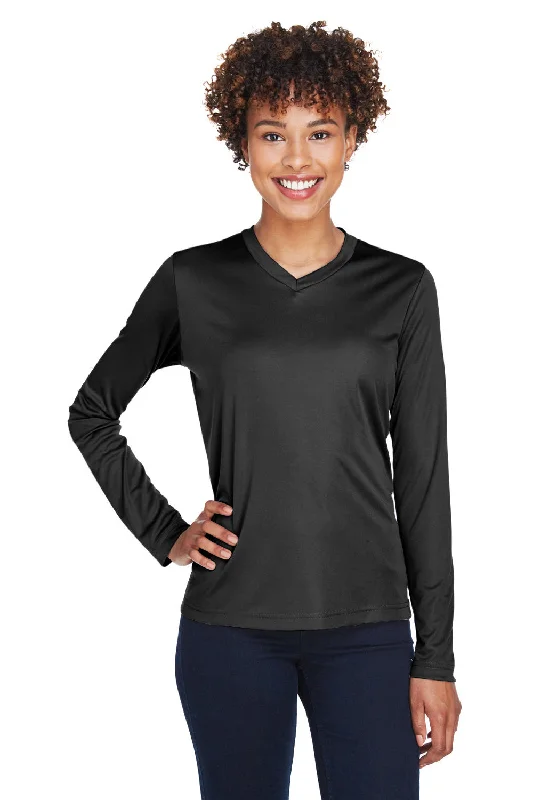 Black bold logo T-shirts-Team 365 Womens Zone Performance Moisture Wicking Long Sleeve Crewneck T-Shirt - Black