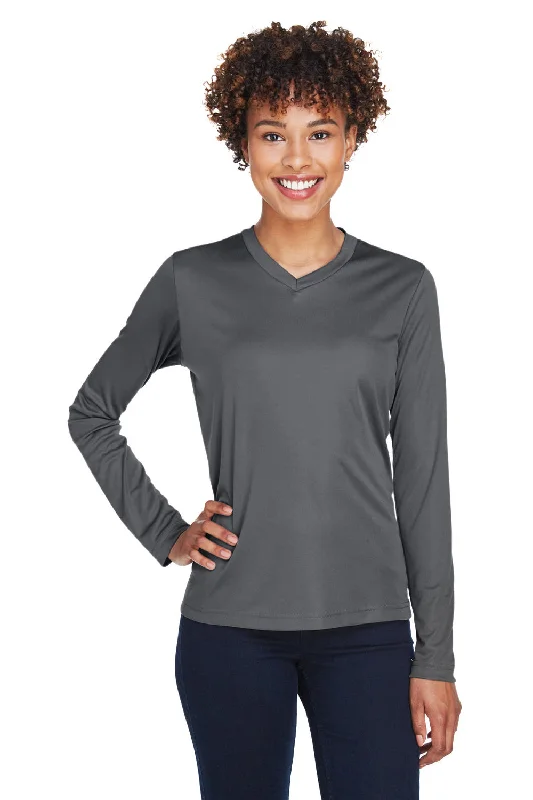 White no-pocket T-shirts-Team 365 Womens Zone Performance Moisture Wicking Long Sleeve Crewneck T-Shirt - Graphite Grey