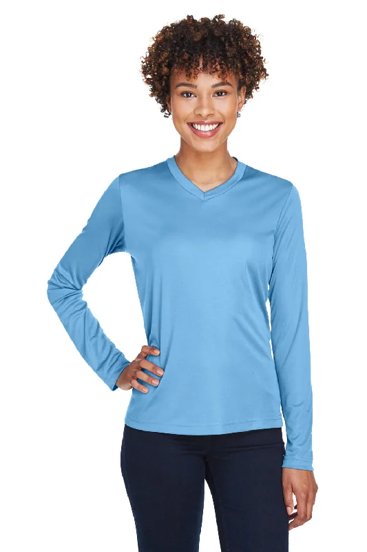 Black tropical T-shirts-Team 365 Womens Zone Performance Moisture Wicking Long Sleeve Crewneck T-Shirt - Light Blue