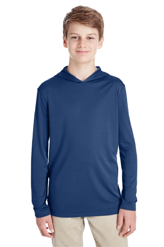 Gray wrinkle-free T-shirts-Team 365 Youth Zone Performance Moisture Wicking Long Sleeve Hooded T-Shirt Hoodie - Dark Navy Blue