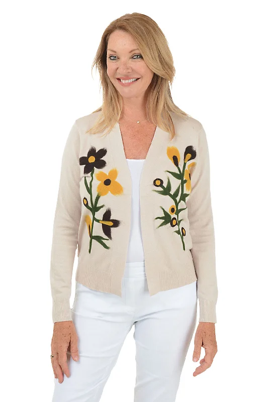 Cardigan for art classes -Winter White Felted Flower Buds Open Cardigan