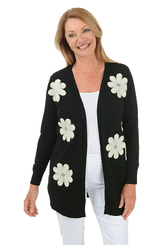 Cardigan with pleated back -Black Felted Daisies Duster Cardigan