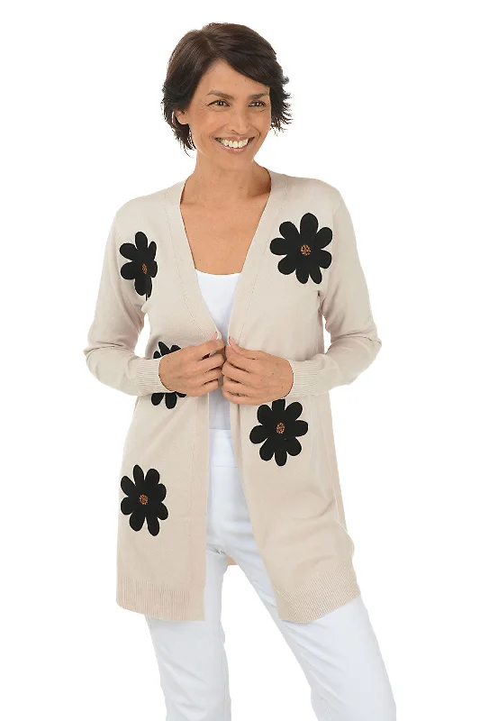 Cardigan with twisted knit -Winter White Felted Daisies Duster Cardigan