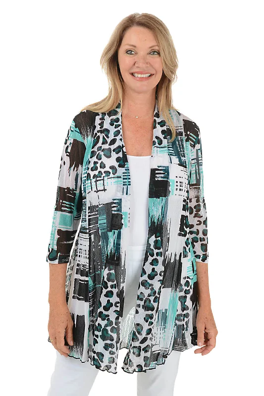 Cardigan with exposed seams -Green Animal Patchwork Mesh Cardigan