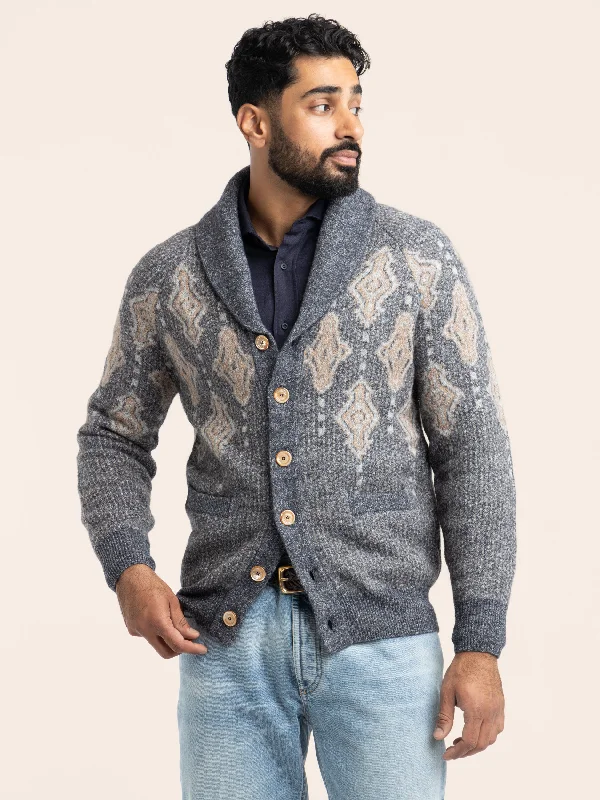 Cardigan with basketweave pattern -Blue Geometric Jacquard Cardigan