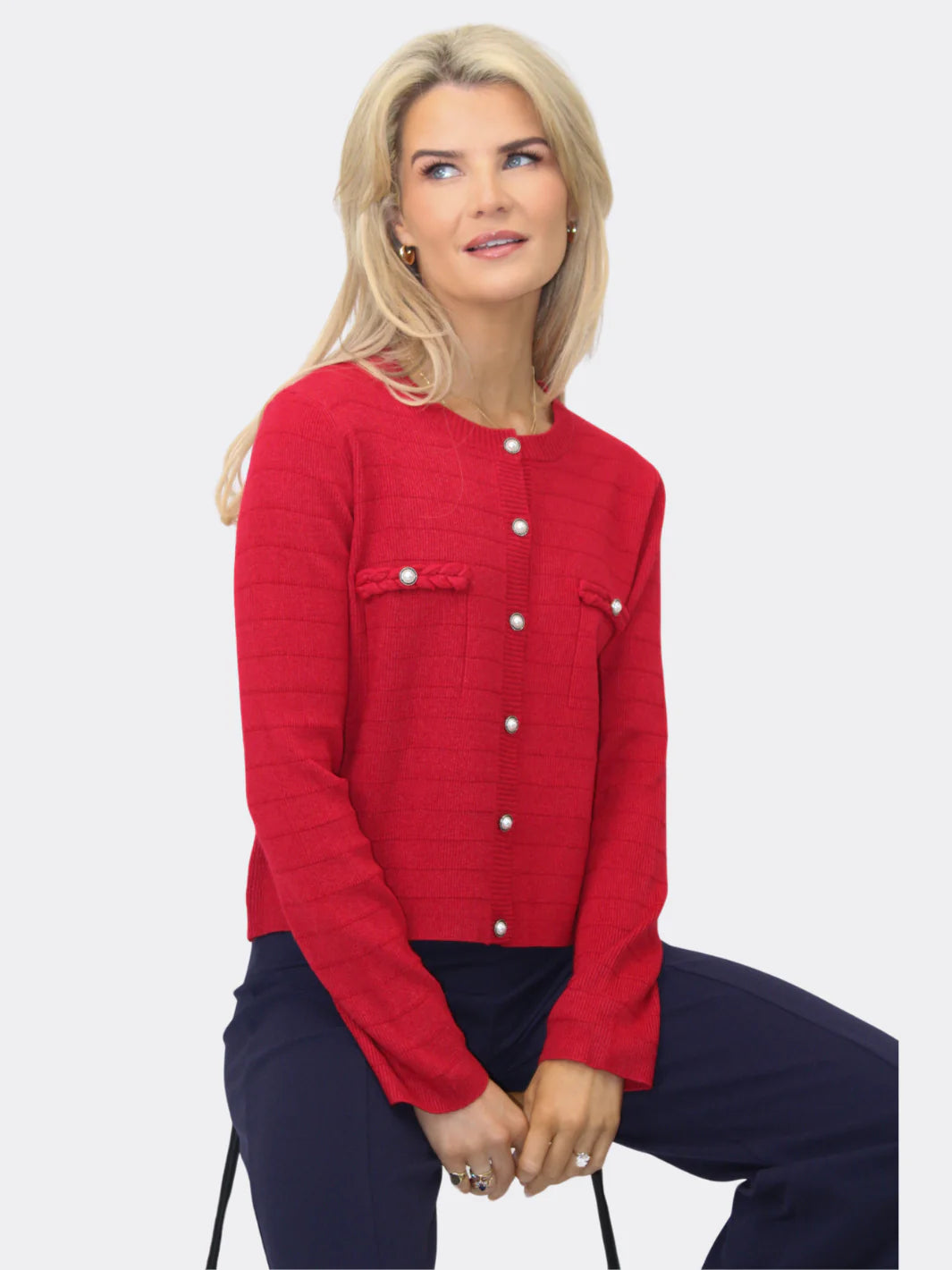 Cardigan for crisp days -Kate And Pippa Zuki Short Cardigan with Pearl buttons. Red White or Black