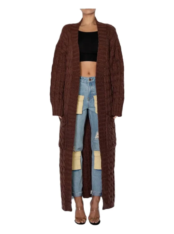 Cardigan with slit hem -Long Cable Knit Cardigan Sweater In Brown