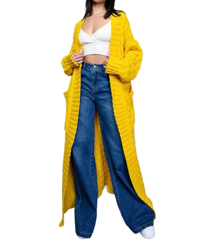 Cardigan with deep hem -Long Cable Knit Cardigan Sweater In Yellow