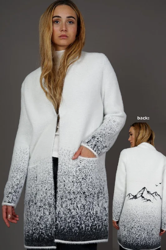 Cardigan for teens in white -Long Feather Yarn Cardigan with ombre print detail Winter white and Black