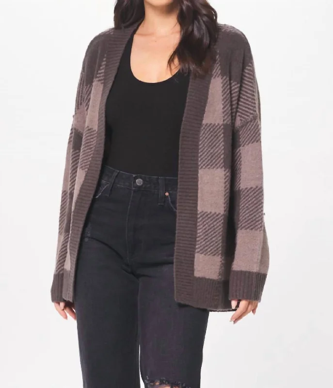 Cardigan for women in black -Plaid Checker Soft Knit Cardigan In Taupe