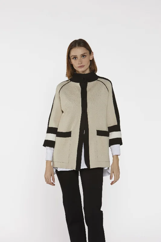 Cardigan in amber -High neck Poncho/Jacket in Stone with black stripe detail.