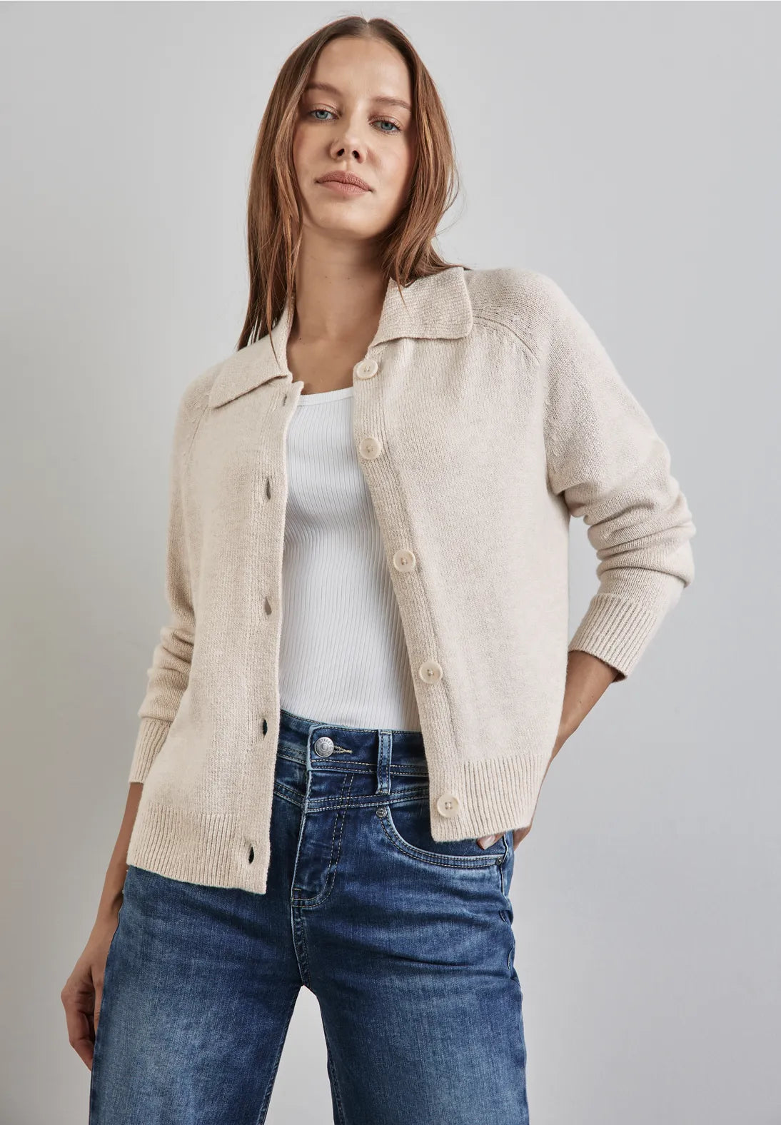 Cardigan in mauve -Street One Button through Cardigan with collar. Oatmeal 253581