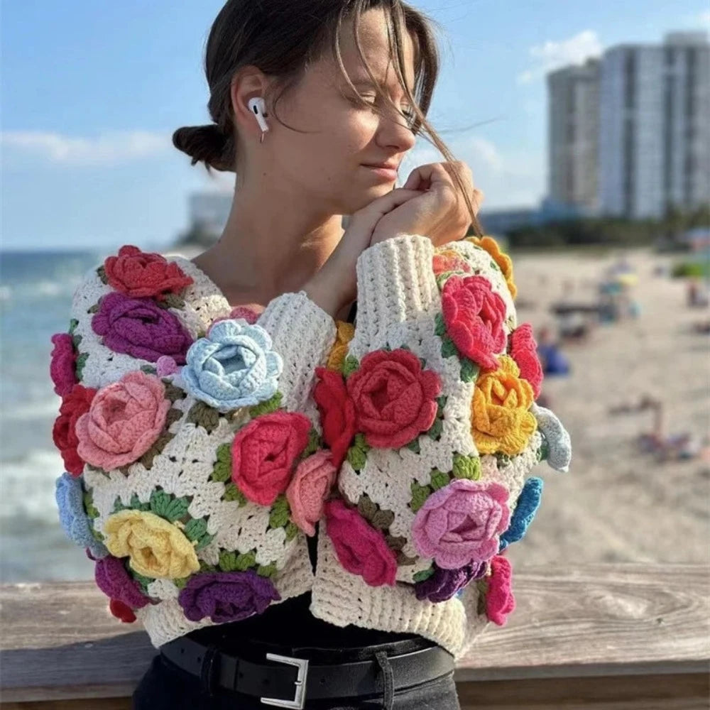 Cardigan with side slits -3D Rose Handmade Crochet Cardigan